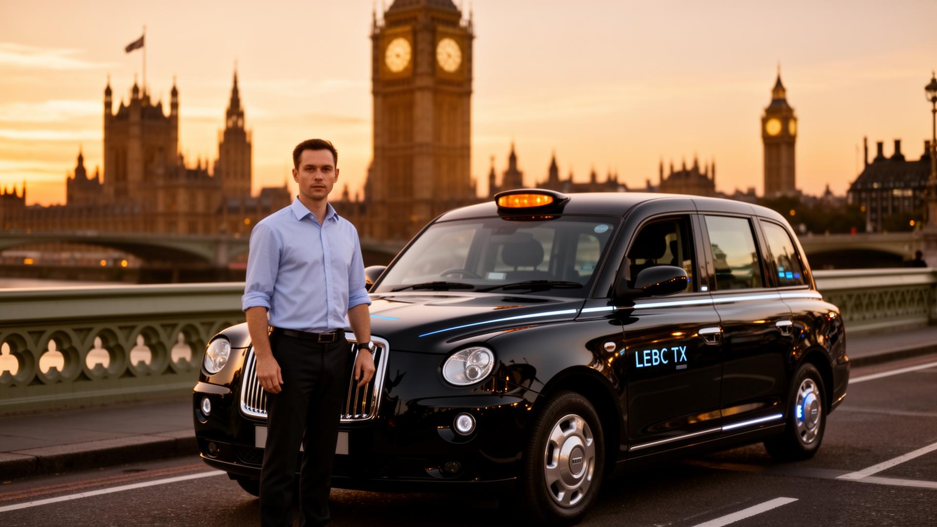 Professional London black cab driver beside a LEVC TX electric Hackney Carriage on Westminster Bridge at dusk